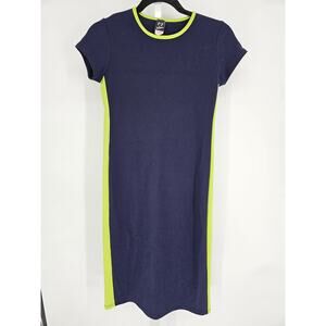 PS PerSeption Women's Round Neck Short Sleeve Navy Lime Midi Dress Size M